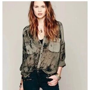 Free People Green Tie Dye Button Down Shirt Blouse